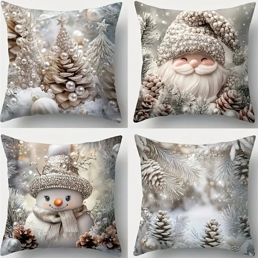 (New in Package)4 Pk Festive Holiday Pillow Cover Set with Santa and Snowman